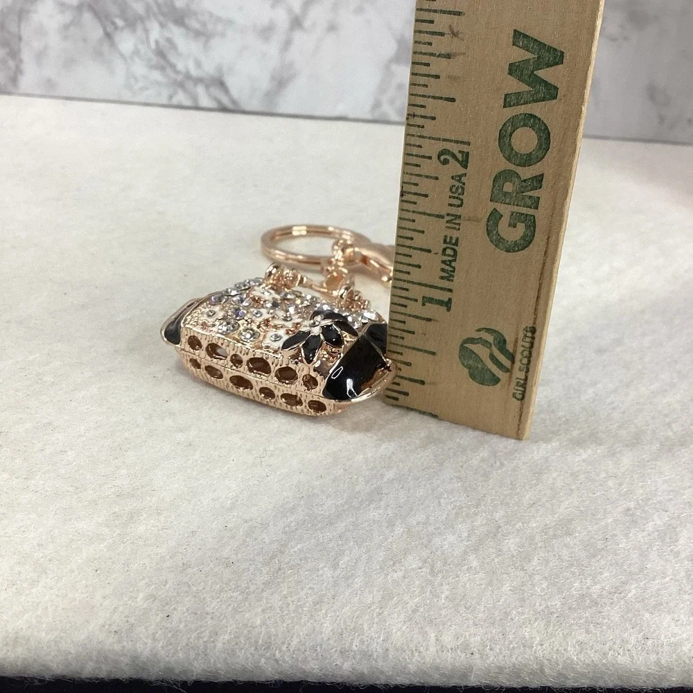 2-Way Black Floral Rhinestone Handbag Charm‎ - Key Chain Rose Gold Tone EUC